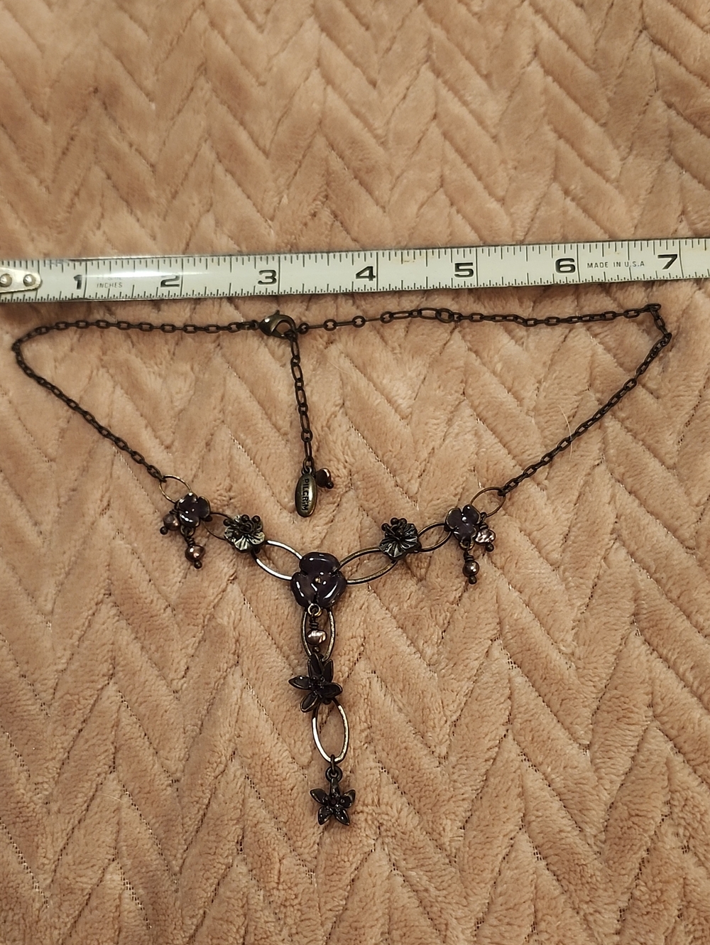 Pilgrim Floral Black Drop Necklace with Amethyst Accents